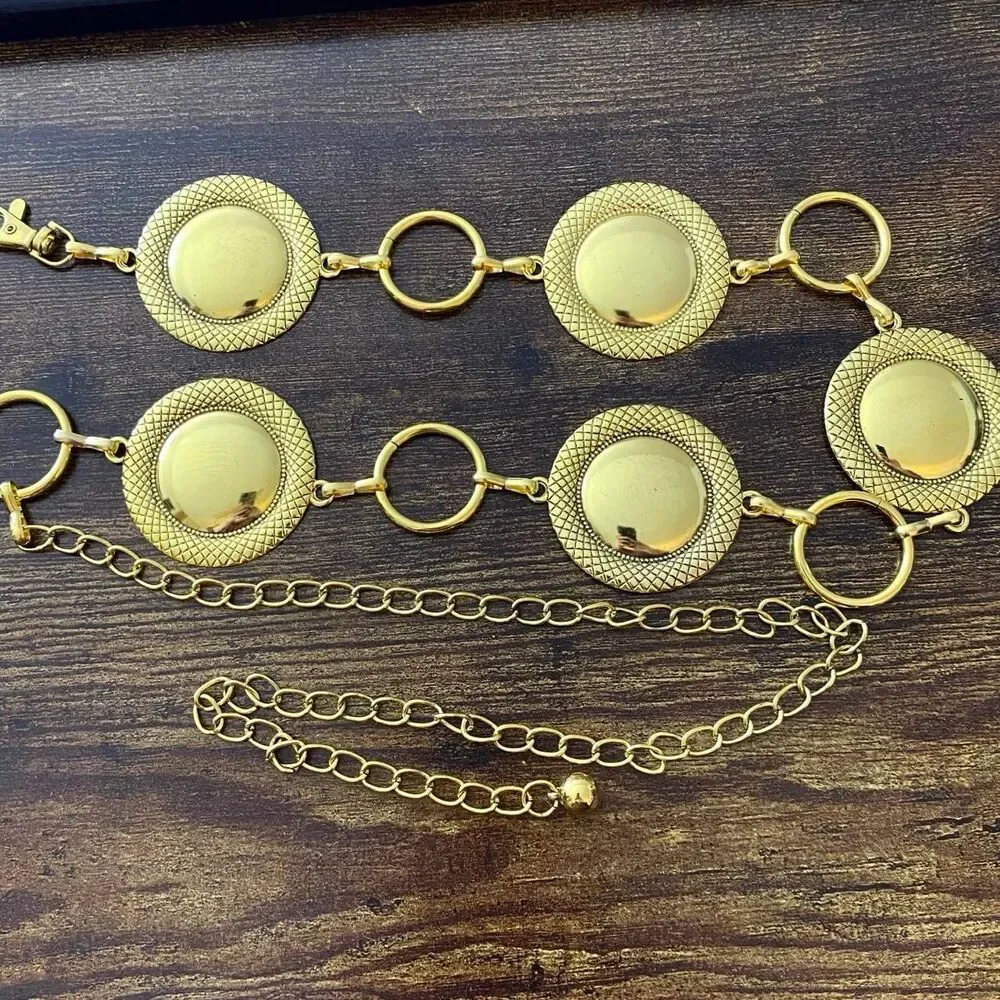 Gold Y2K Textured Domed Disc Chain Belt, Fits 25-43.5 Inches, X7GA1284